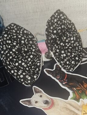 Handcrafted Black & White Polka Bow Pet Collar Accessory NEW